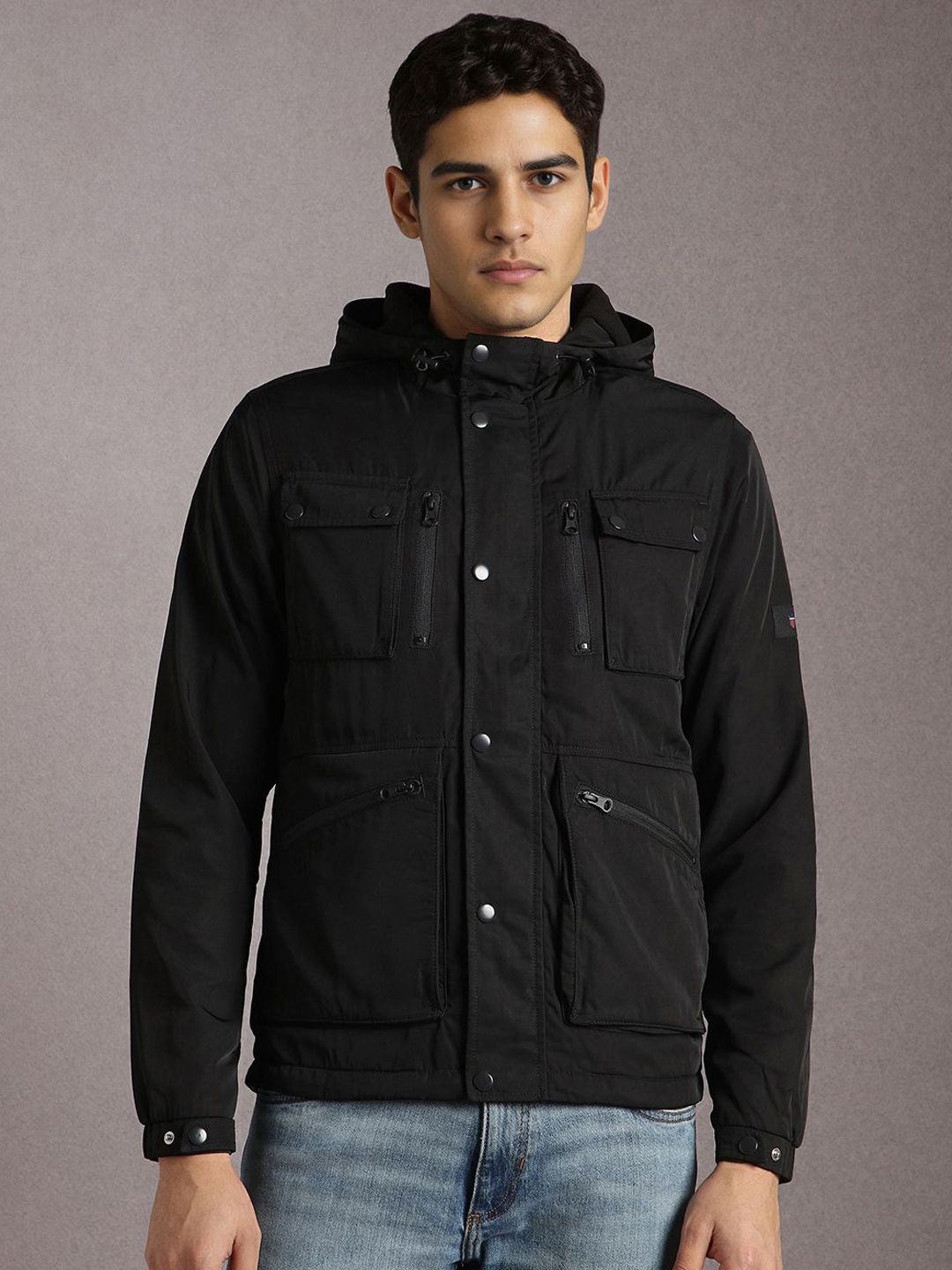 Louis Philippe Jeans Hooded Open Front Jacket