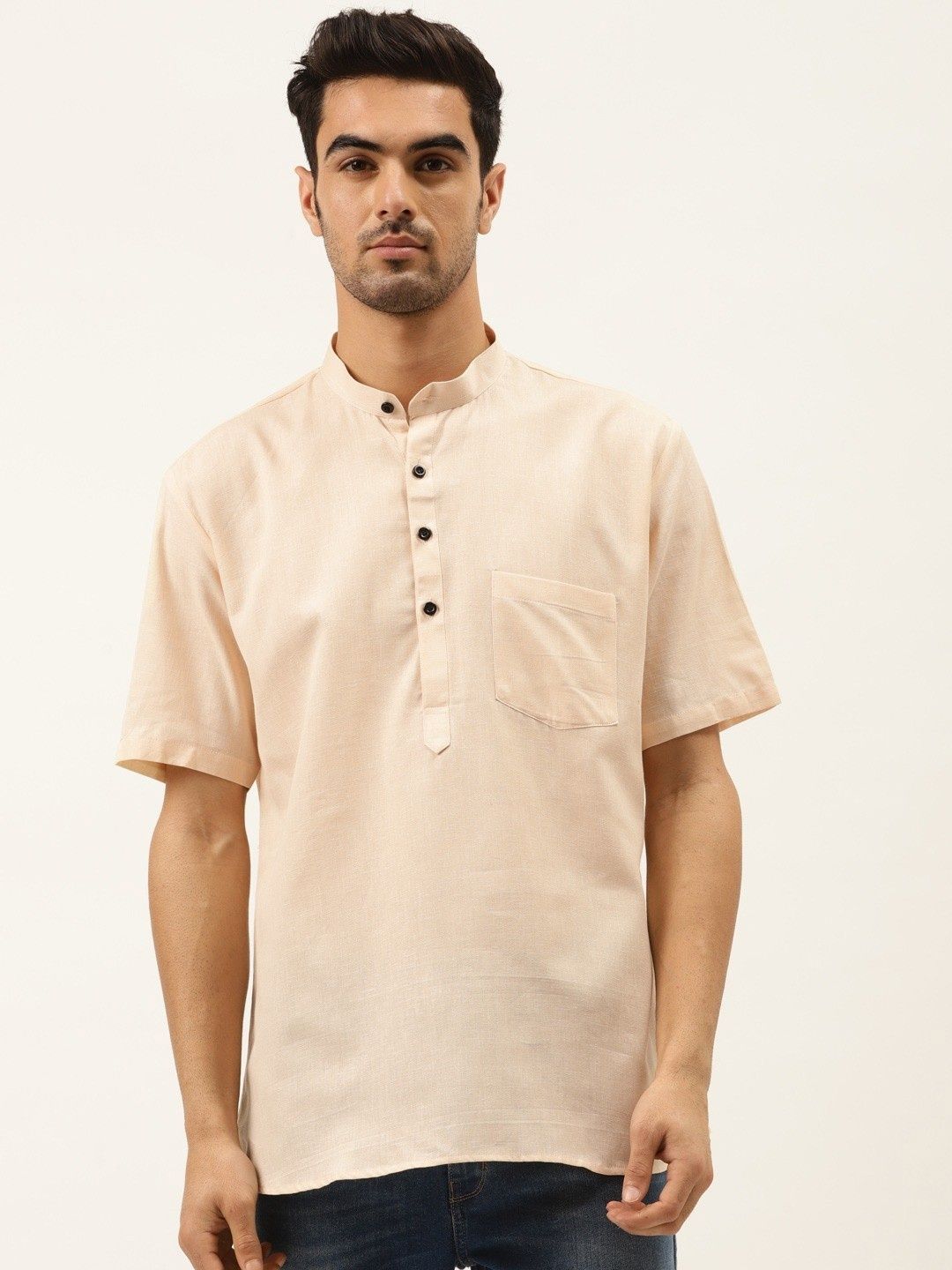 RAJUBHAI HARGOVINDAS Band Collar Short Sleeves Linen Straight Short Kurta