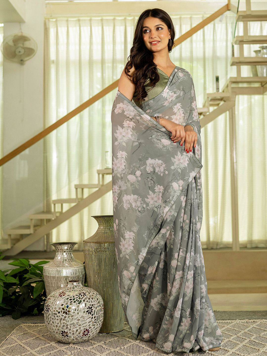 Mitera Women Floral Print Pure Georgette Ready to Wear Saree