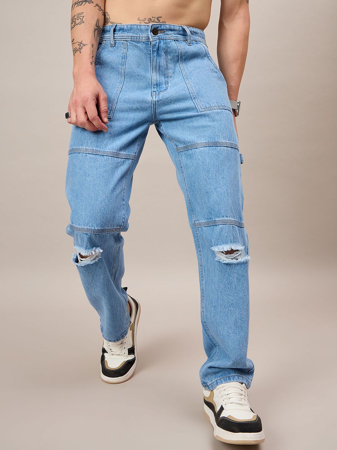 THE BEETEL HOUSE Men Loose Relaxed Fit Mid-Rise Slash Knee Light Fade Jeans