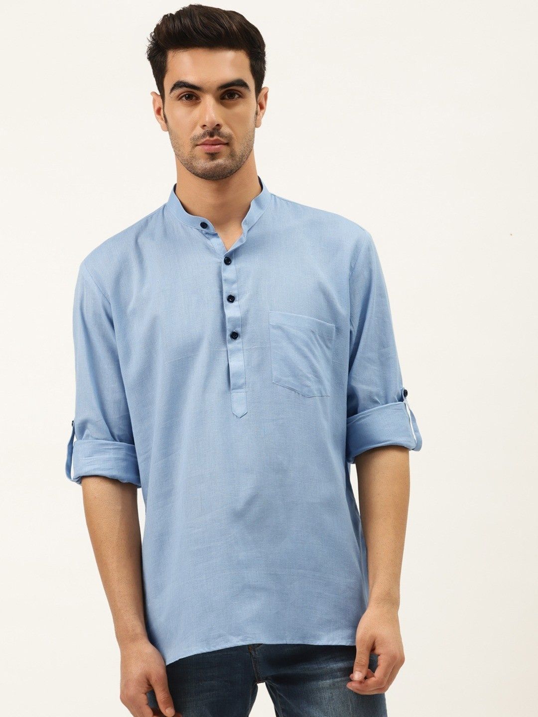 RAJUBHAI HARGOVINDAS Band Collar Short Sleeves Linen Straight Short Kurta
