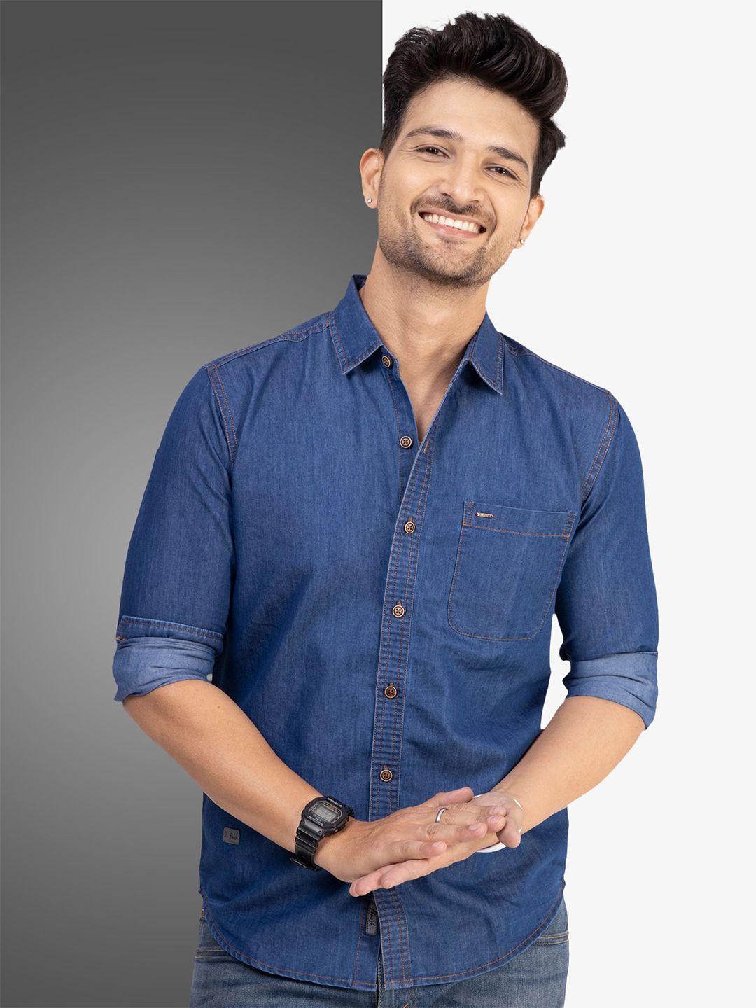 D Finish Spread Collar Smart Denim Casual Shirt