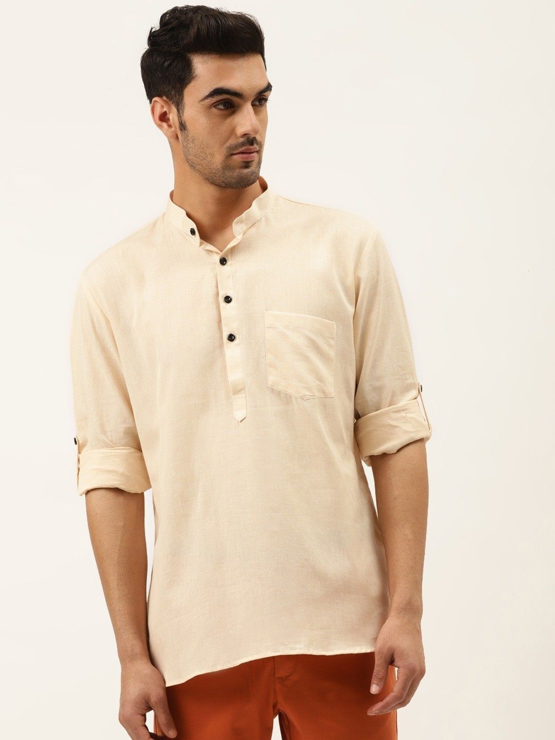 RAJUBHAI HARGOVINDAS Band Collar Short Sleeves Linen Straight Short Kurta