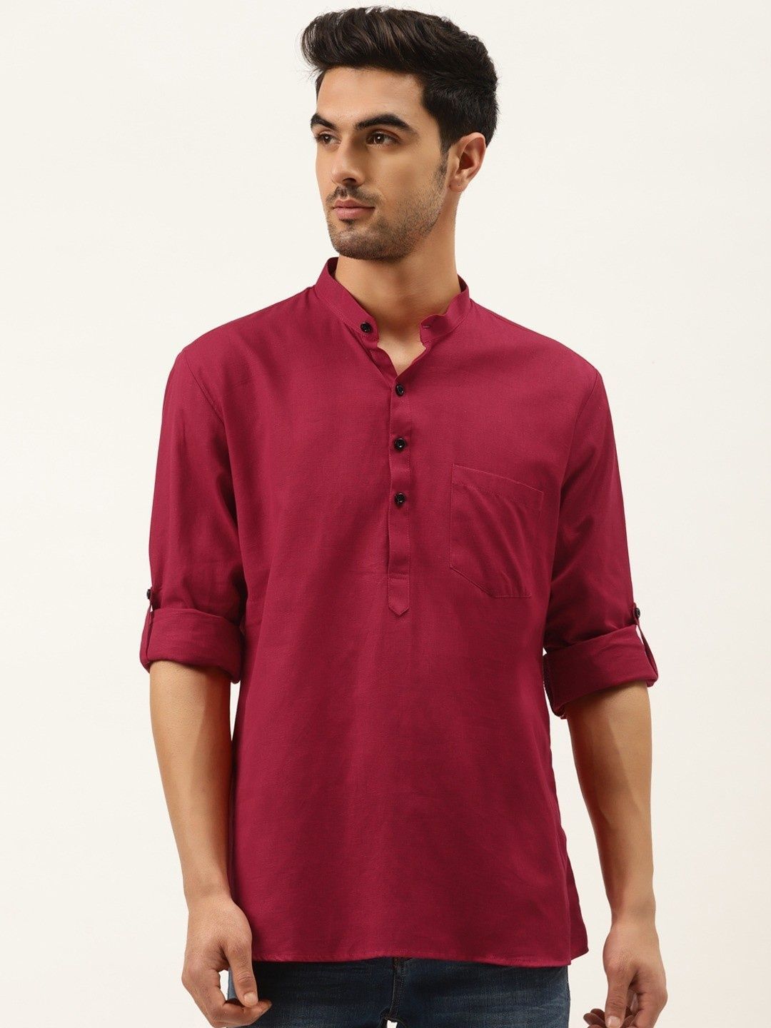 RAJUBHAI HARGOVINDAS Band Collar Short Sleeves Linen Straight Short Kurta