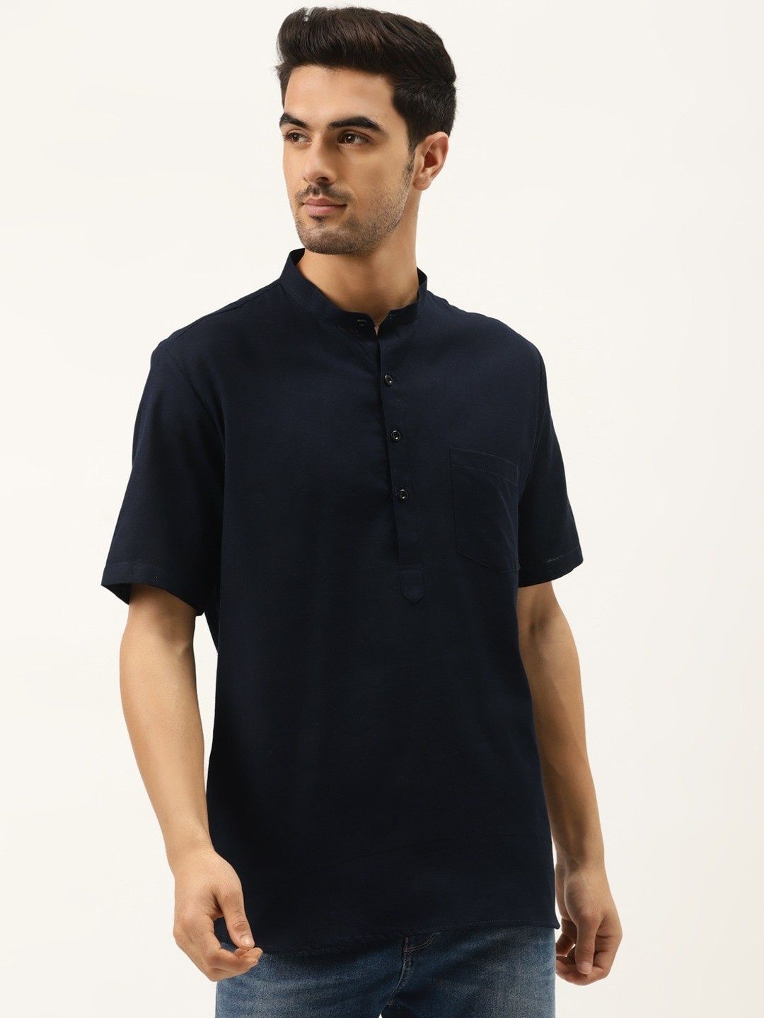 RAJUBHAI HARGOVINDAS Band Collar Short Sleeves Linen Straight Short Kurta