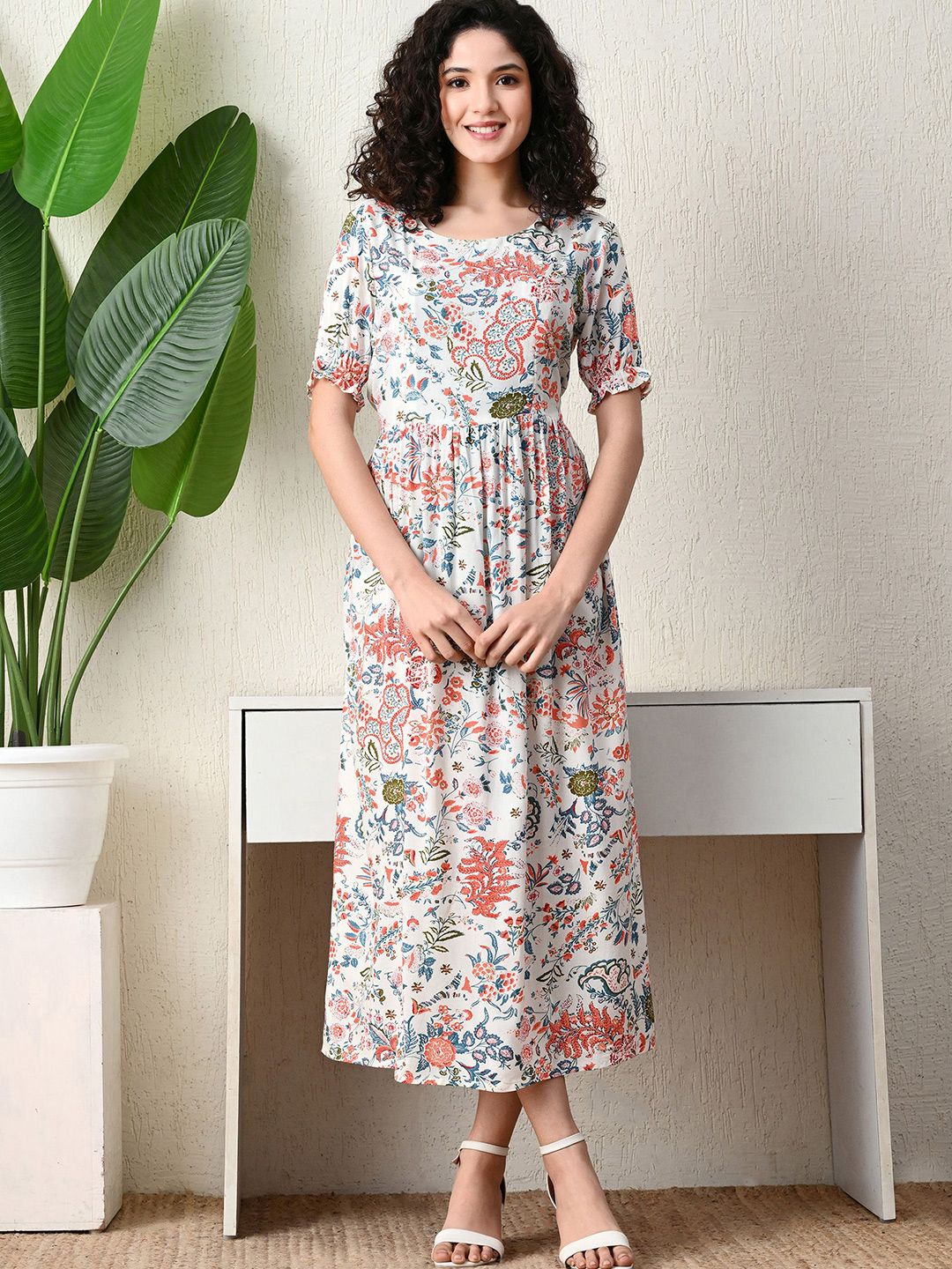 Ichaa Women Ethnic Motifs Print Puff Sleeve Maternity Fit & Flare Midi Dress