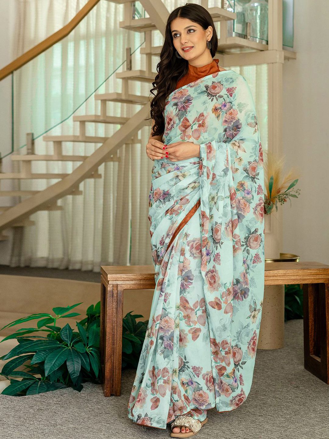 Mitera Floral Printed Pure Georgette Ready to Wear Saree