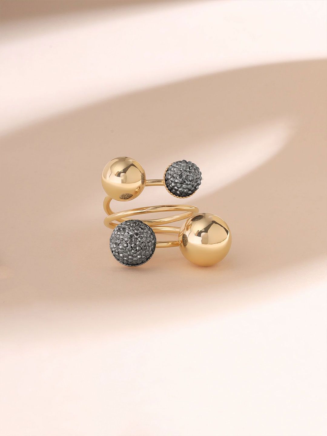 Gold-Plated Finger Ring Yellow Chimes Gold-Plated Intricate Textured Details-Studded Adjustable Finger Ring