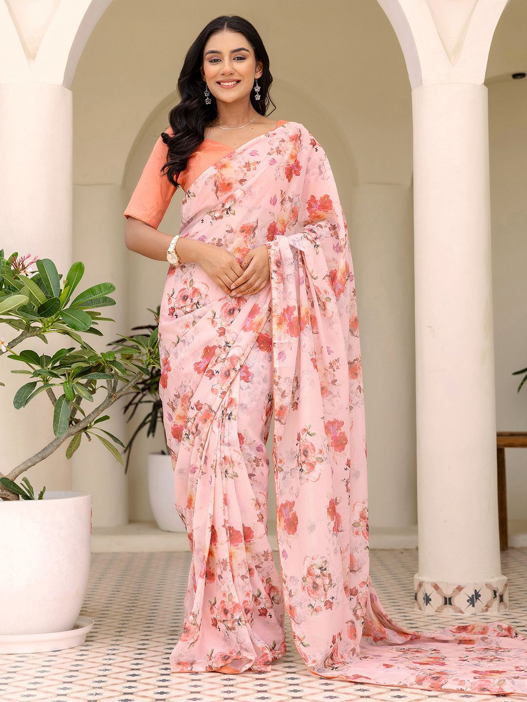Mitera Floral Printed Pure Georgette Ready to Wear Saree