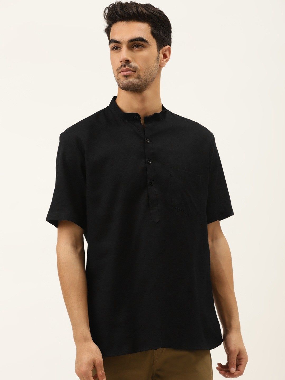 RAJUBHAI HARGOVINDAS Band Collar Short Sleeves Linen Straight Short Kurta