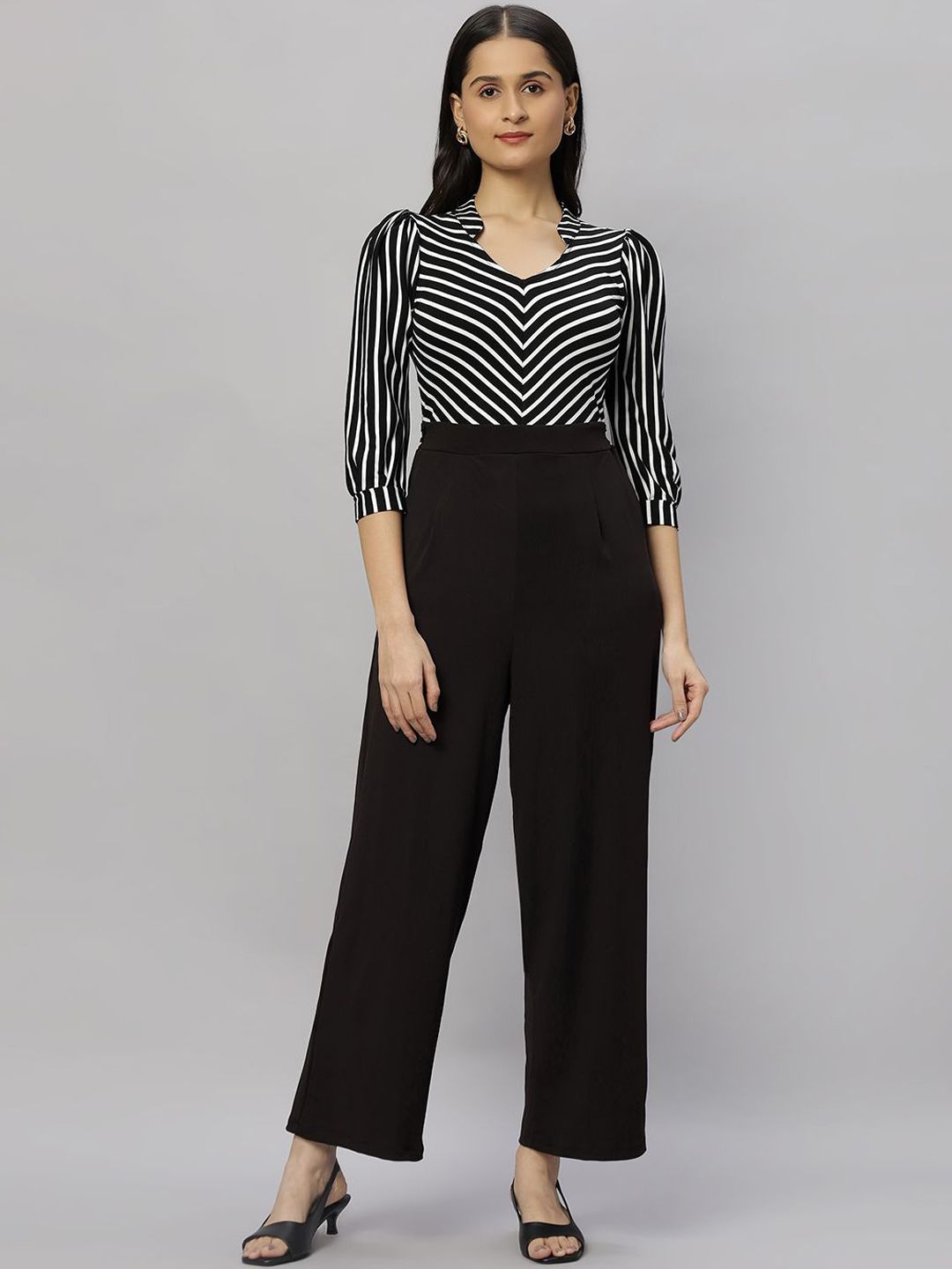 Elara Luxe Chevron Striped High-Neck Jumpsuit