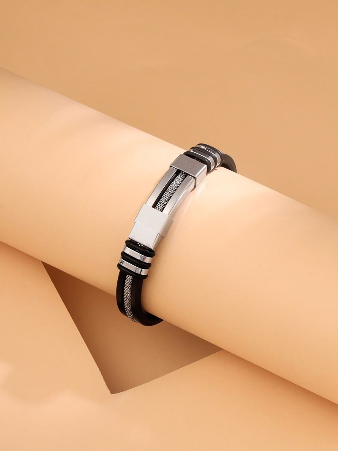 Yellow Chimes Men Rhodium Plated Stainless Steel Wraparound Bracelet