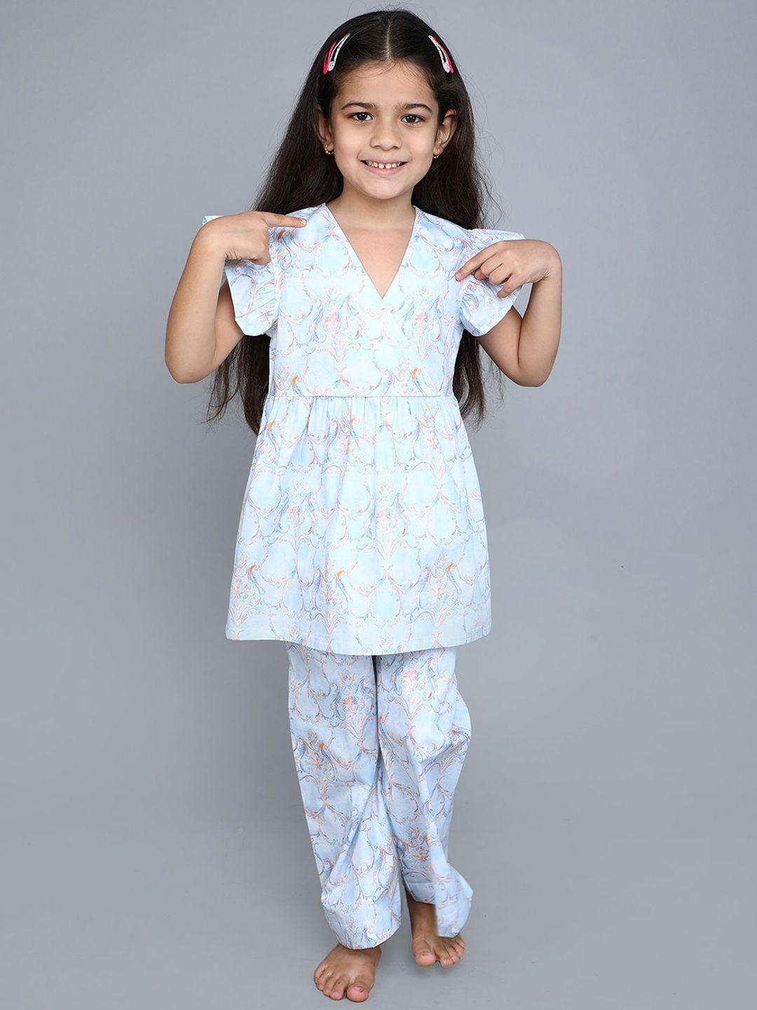 Little Clothings Girls Printed Shirt with Sleeve Paired with a Printed Pajama set