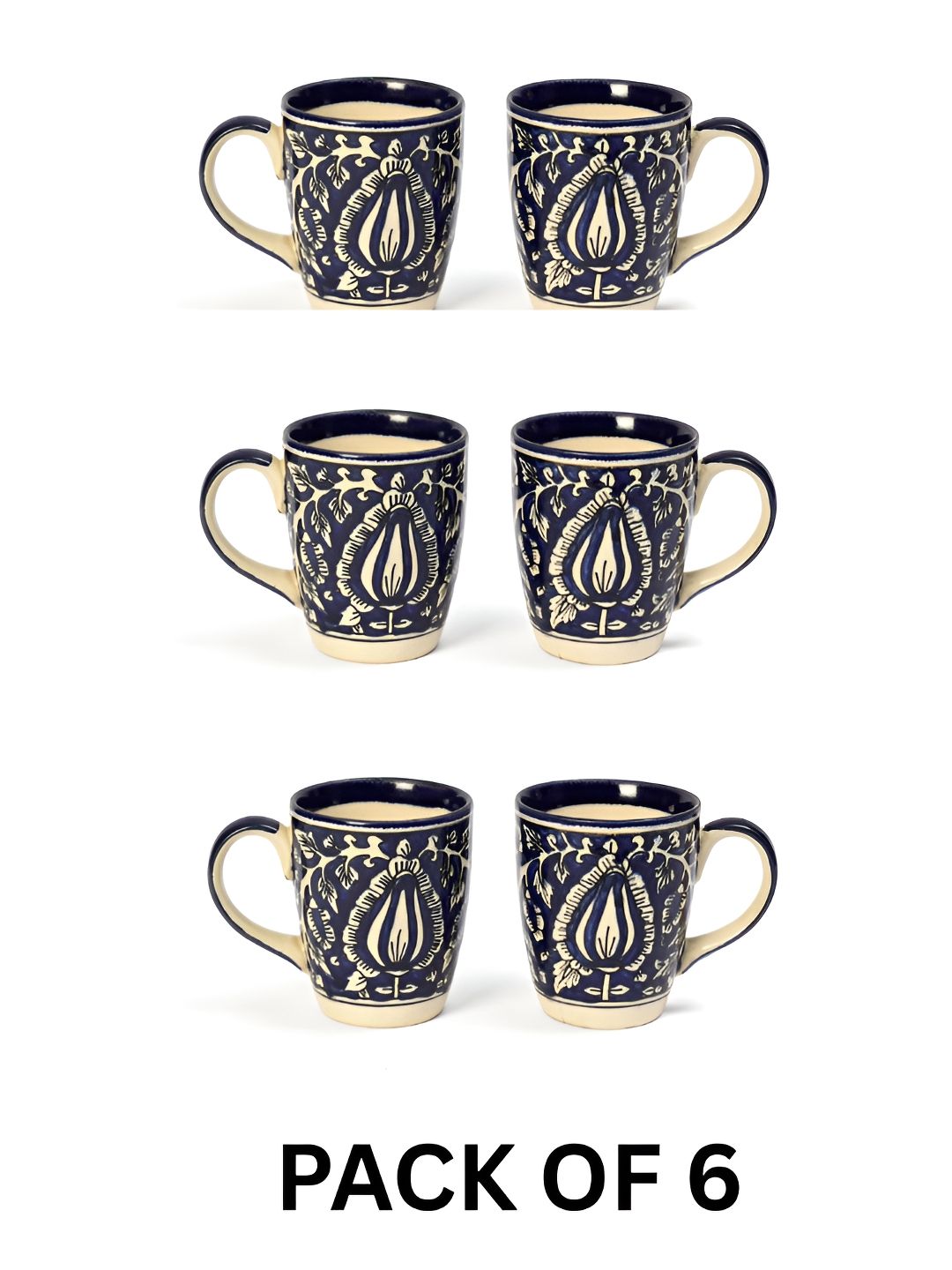 DULI Blue & Beige 6 Pieces Printed Ceramic Glossy Cups