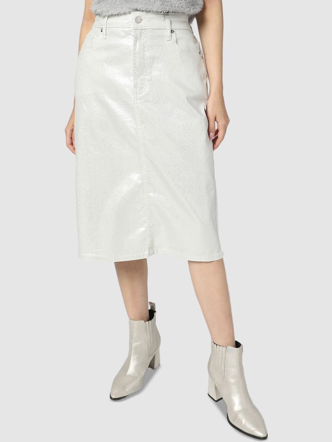 Buy Globus Women White Back Slit Denim Pencil Skirt - Skirts for