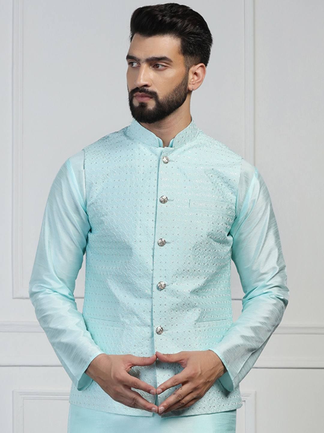 TAHVO Embroidered Mandarin Collar Nehru Jacket