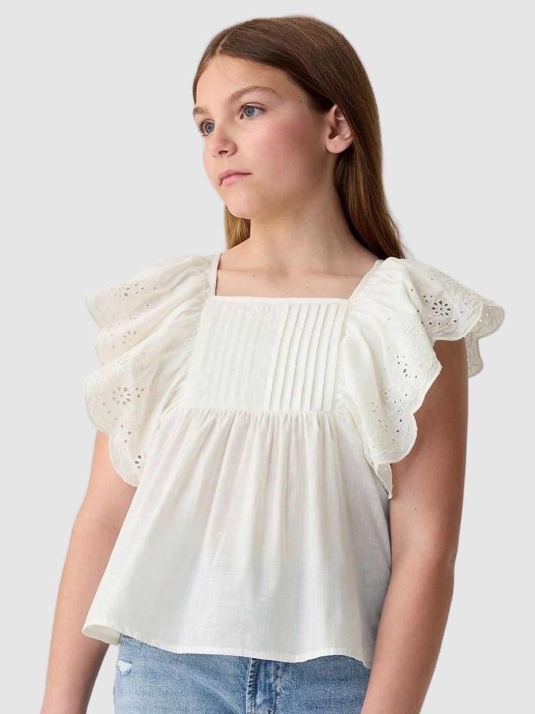 GAP Girls Self Design Short Flutter Sleeves Schiffli Empire Top