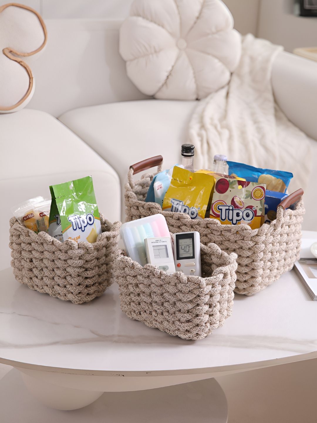 HOKIPO Beige 3 Pieces Cotton Rope Storage Baskets Organisers