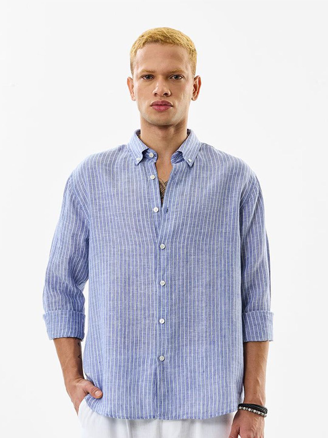 Men Vertical Striped Button-Down Collar Linen Casual Shirt Offers & Cashback
