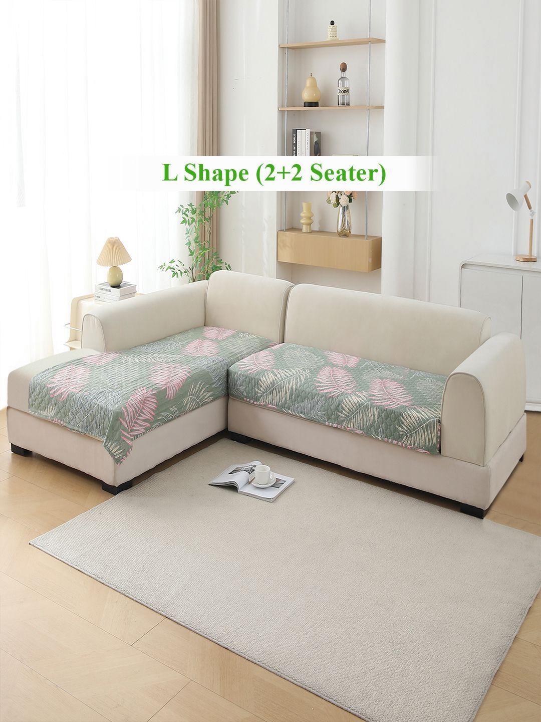 HOKIPO L Shape Quilted Printed Tropical Leaves Pastel Green Sofa Cover Mat