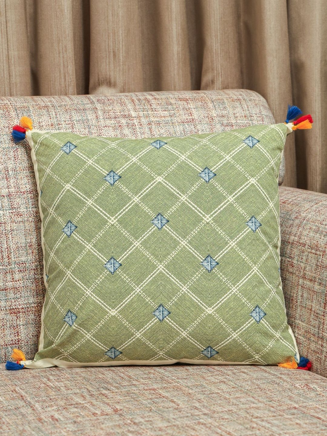 Sangria  Garden Mlange Green & Blue Printed Cotton Square Cushion Cover