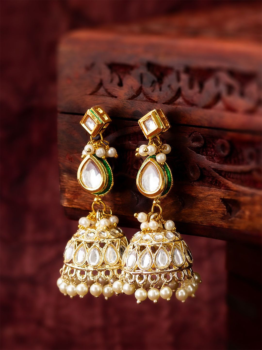 Anouk Gold-Plated Kundan & American Diamonds Studded & Beaded Dome Shaped Jhumkas