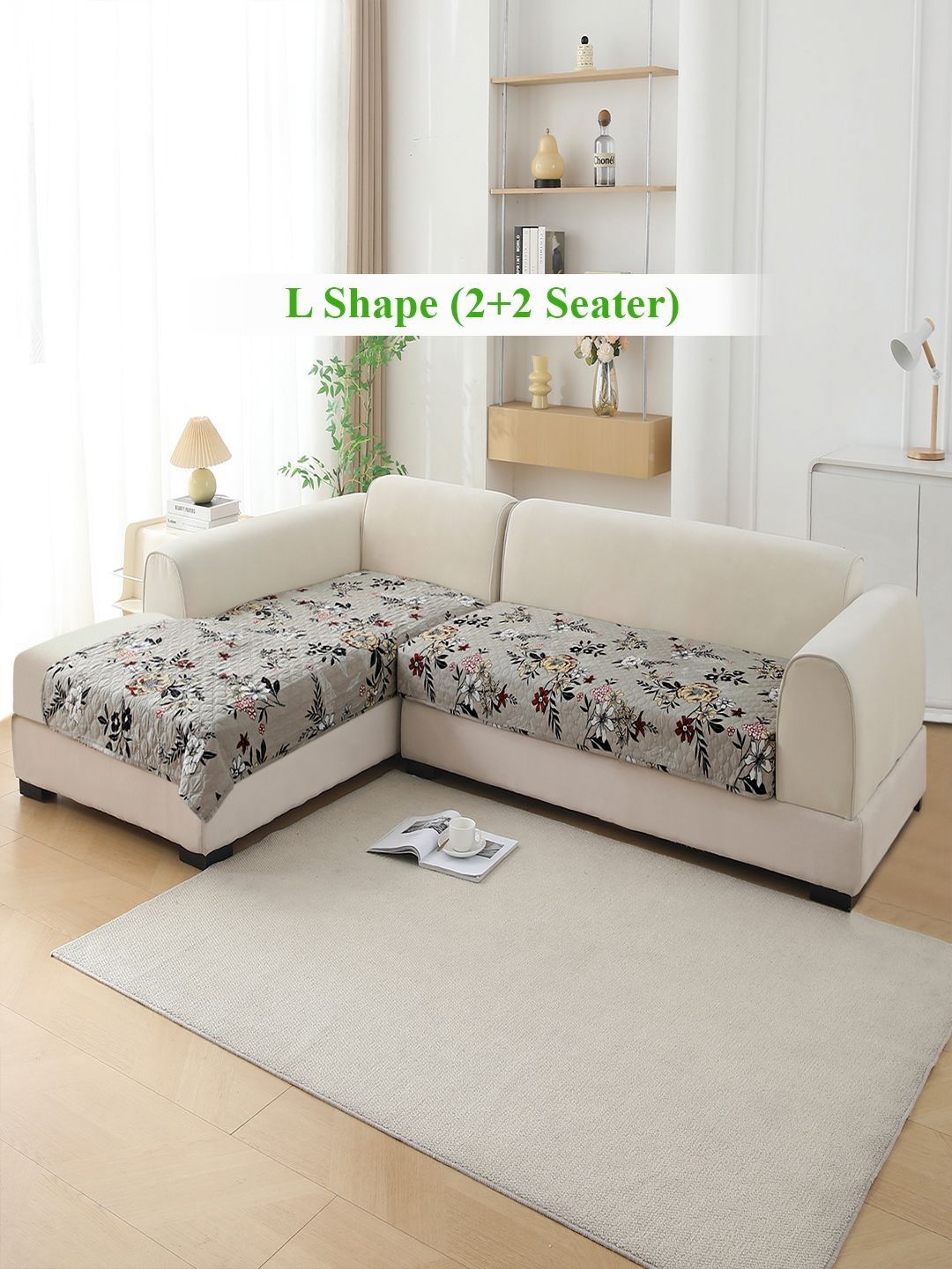 HOKIPO L Shape Quilted Printed Floral Ash Grey Sofa Cover Mat