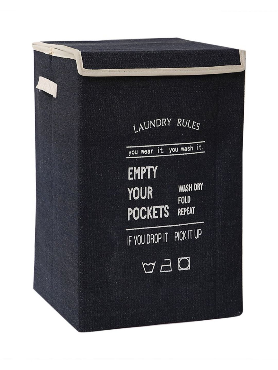 HOKIPO Navy Blue & White Printed Foldable Laundry Basket For Clothes With Lid