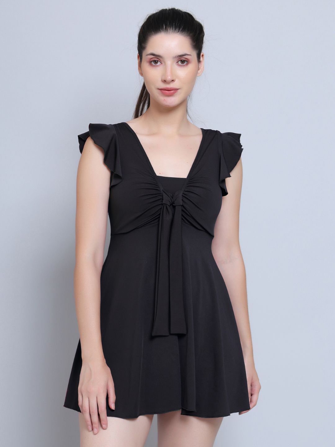 MEGASKA Front Tie Knot Ruched Frock Style Padded One Piece Swimming Dress With Shorts
