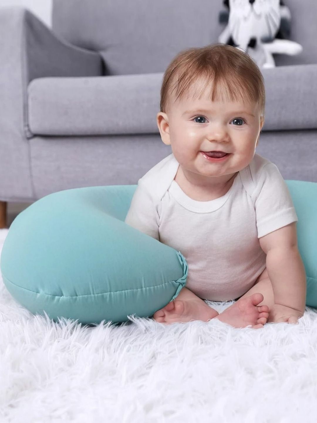 Pum Pum Hollow Fiber Turquoise Blue Solid Faux Velvet Ultra Soft Fibre Baby Pillow-46 x 15 x 56 cm