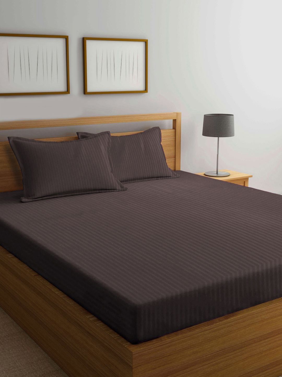 Myntra Elegant Homes Myntra Elegant Homes Brown Striped 300 TC Fitted King Bedsheet Set-2.50 m x 2.25 m