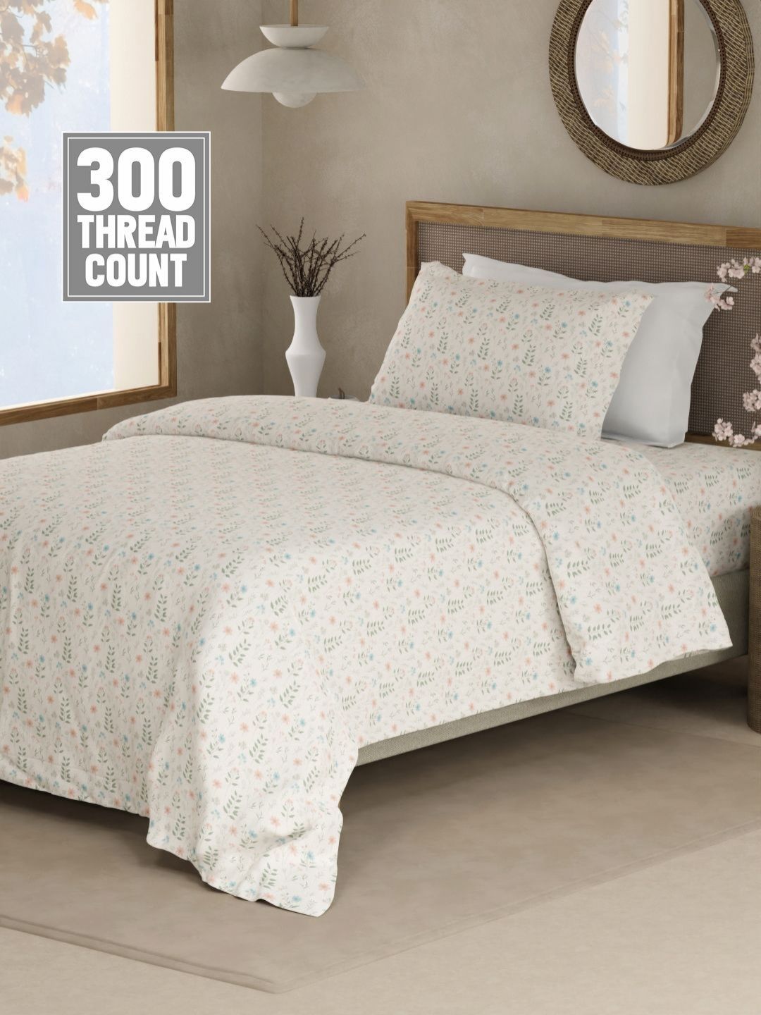 Boutique Living India Boutique Living India Pink & White Printed Cotton 300TC King Bedsheet Set 2.24 m x 1.52 m