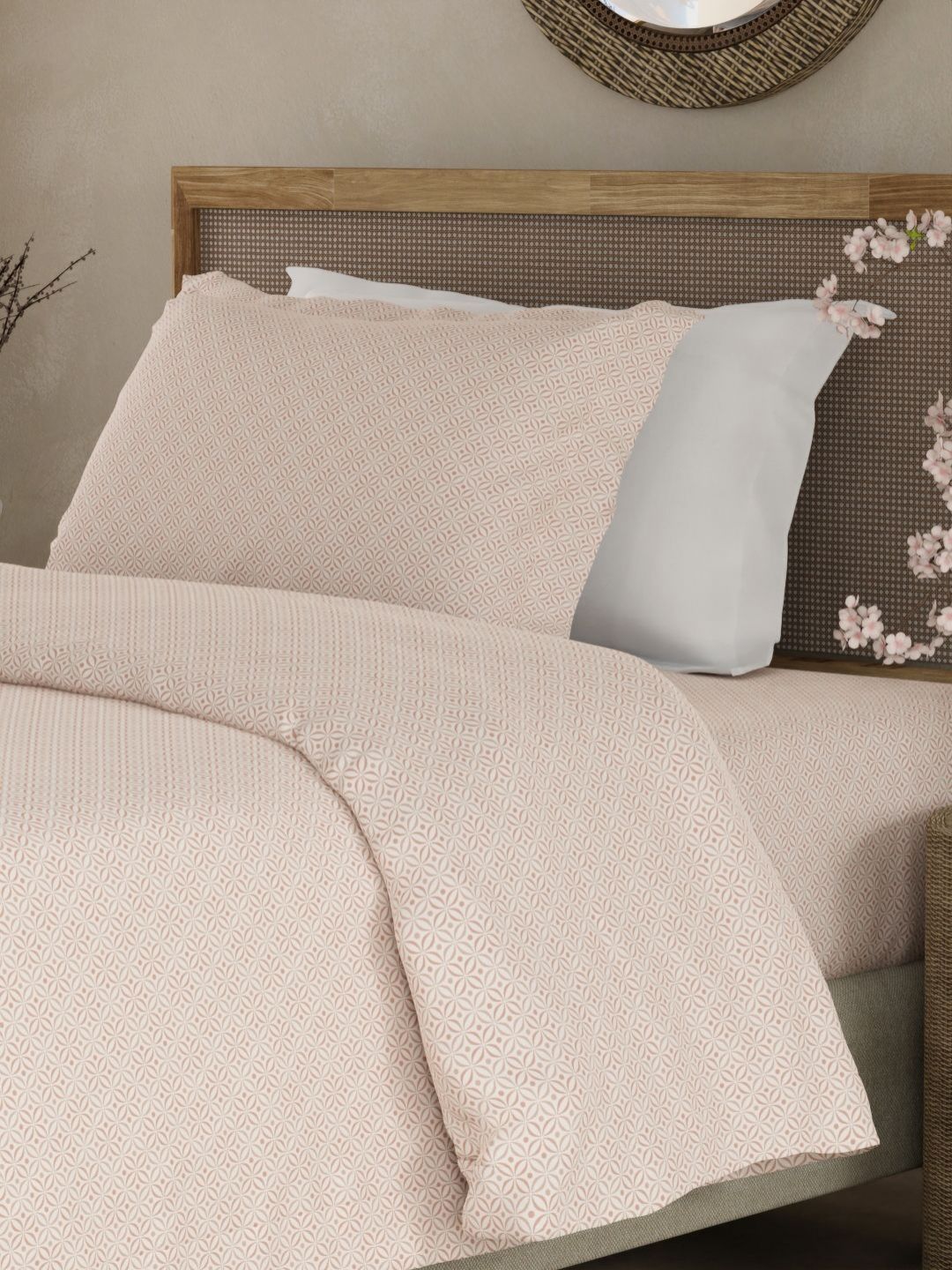 Boutique Living India Boutique Living India White & Pink Printed Cotton 300TC King Bedsheet Set 2.74m x 2.74m
