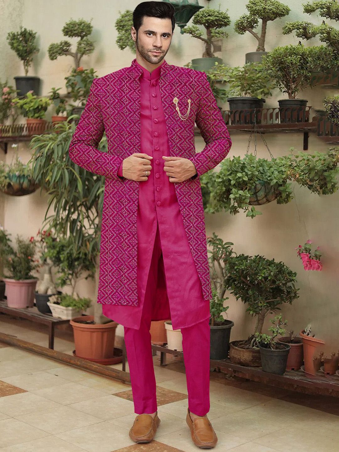 Utsav Fashion Men Embroidered Cotton Silk Sherwani & Pant With Faux Georgette Jacket Set