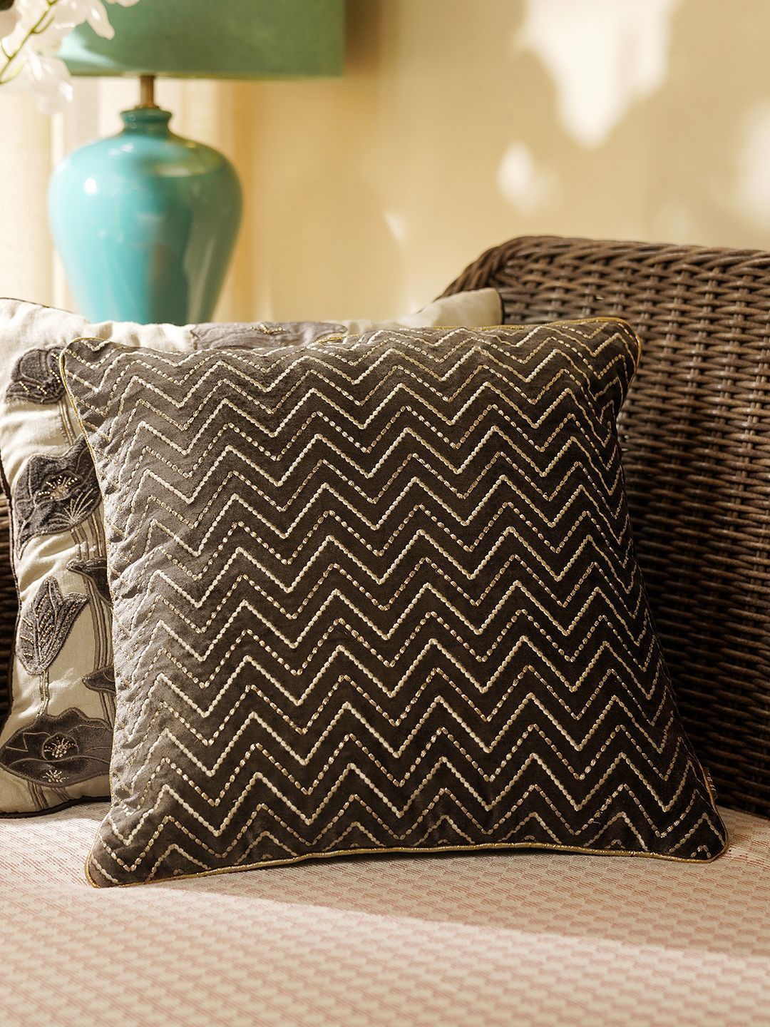 Pure Home and Living Pure Home and Living Brown Embroidered Cotton Lightweight 2 Pcs Cushion Covers -16x16In