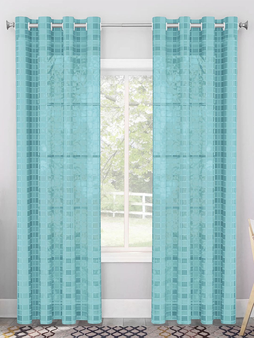 Story@home Story@home Serene Blue & White Set of 2 Geometric Sheer Long Door Curtains