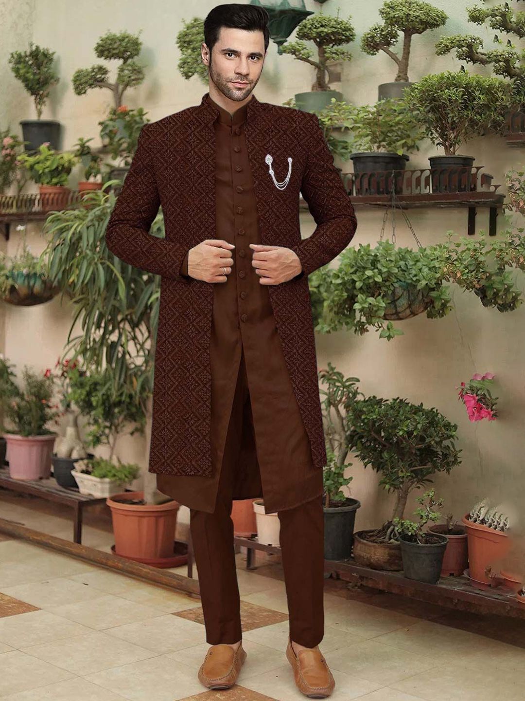 Utsav Fashion Men Embroidered Cotton Silk Sherwani and Pant with Faux Georgette Jacket Set