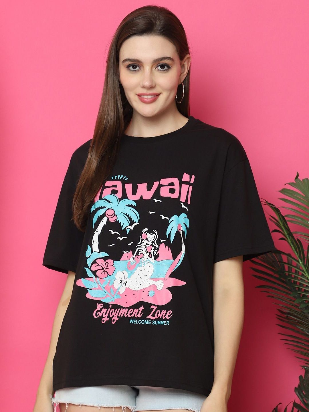 Metronaut Women Graphic Printed Round Neck Cotton Oversized Longline T-shirt