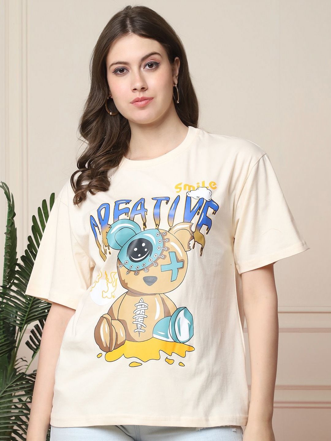 Metronaut Women Graphic Printed Round Neck Cotton Oversized T-shirt
