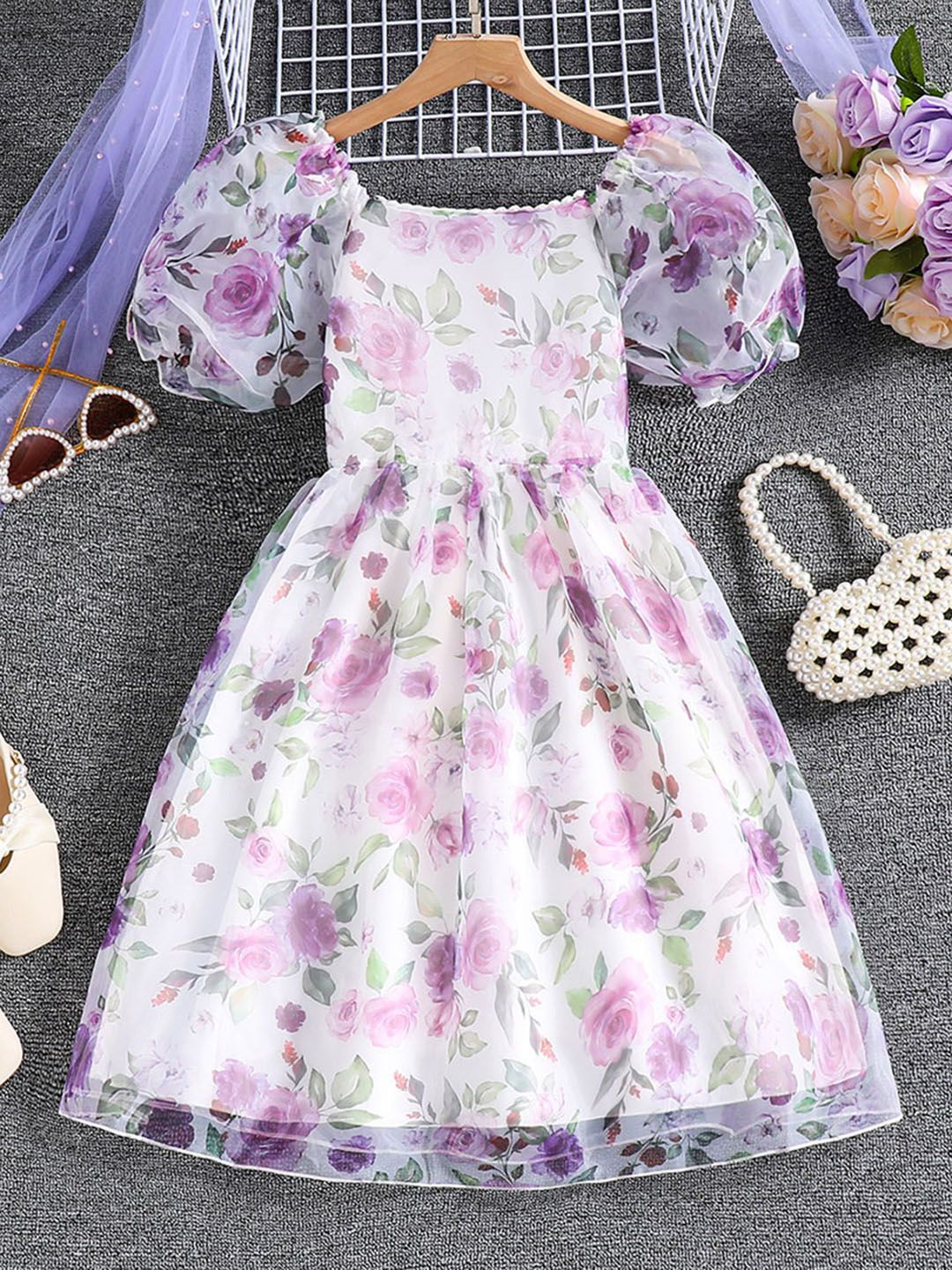 INCLUD Girls Floral Print Puff Sleeve Fit & Flare Dress