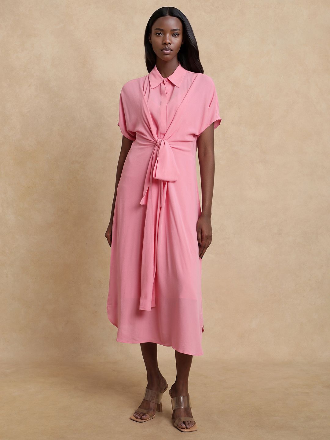 Buy MANGO Pink Solid Bow Detail A-Line Midi Sustainable Dress - Dresses for  Women 19914146 | Myntra