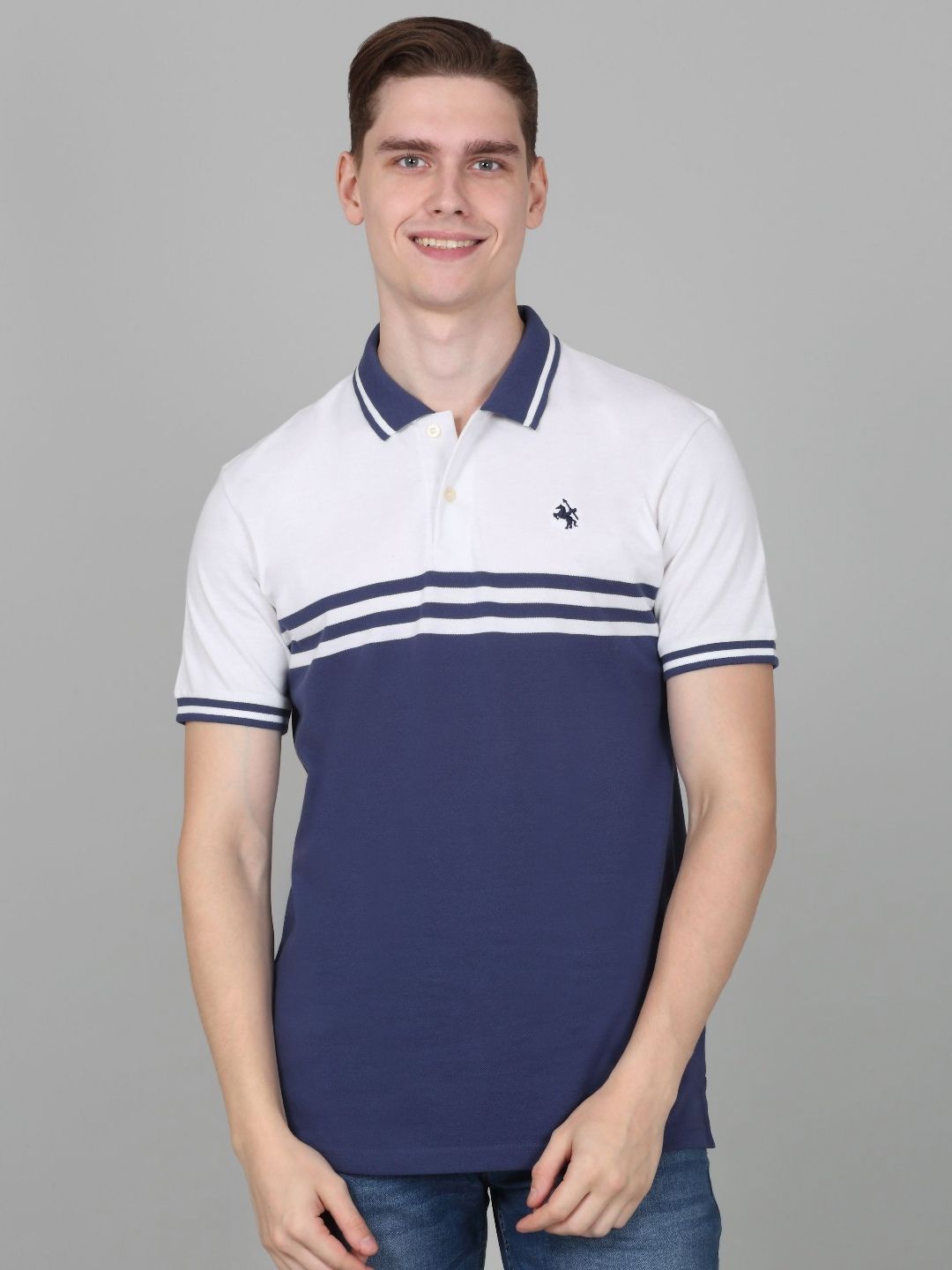 Cantabil Men Striped Polo Collar Cotton T-shirt