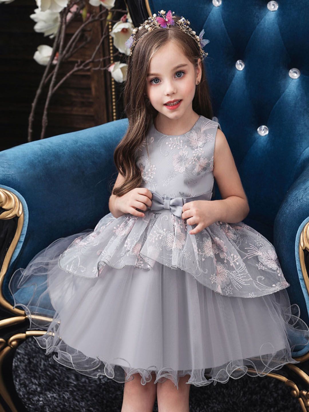 INCLUD Girls Floral Print SRound Neck Fit & Flare Dress