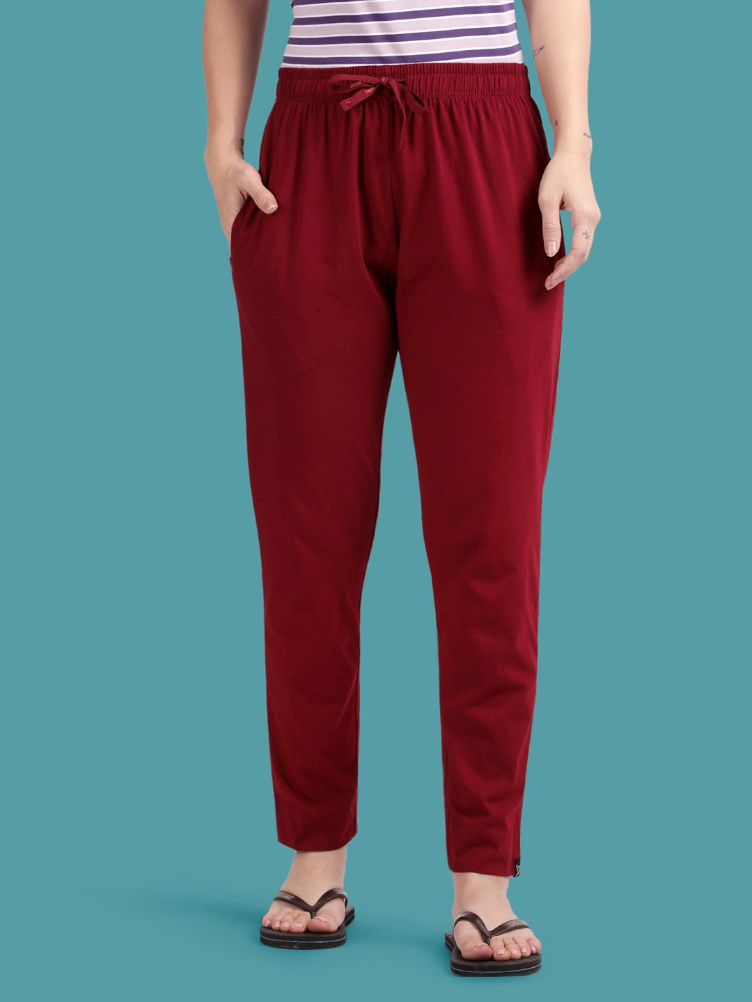Twin Birds Women Cotton Solid Cherry Berry Mid-Rise Lounge Pant