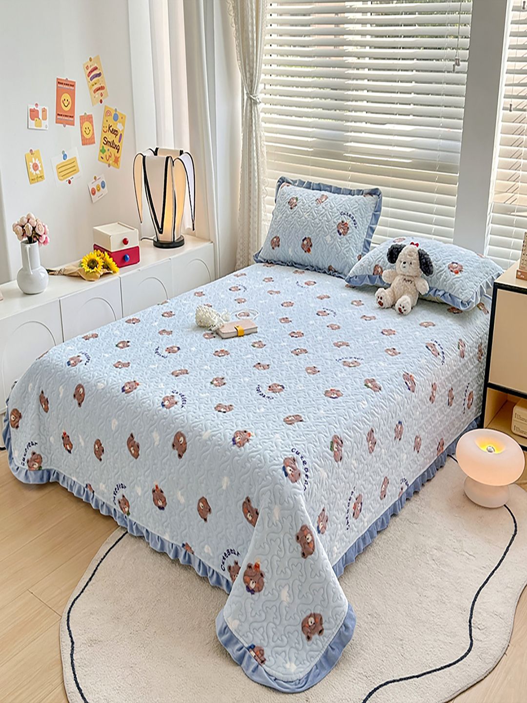 JC HOME Blue & Brown Printed Cotton  Double Queen Bed & Pillow Cover
