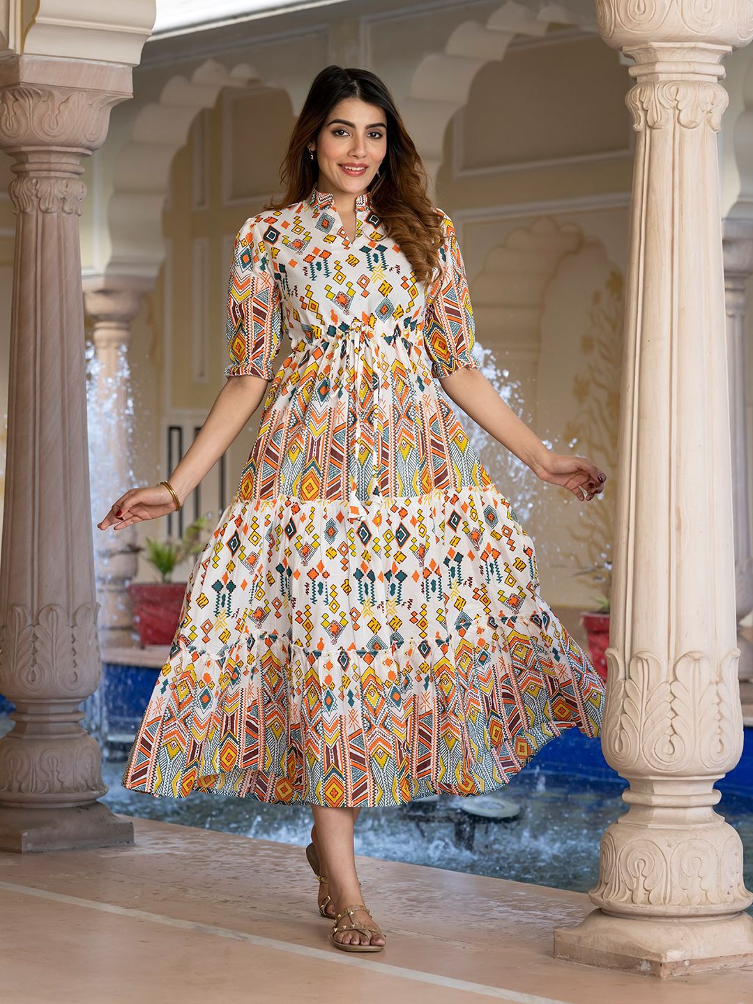 KALINI Print Puff Sleeve Fit & Flare Maxi Dress