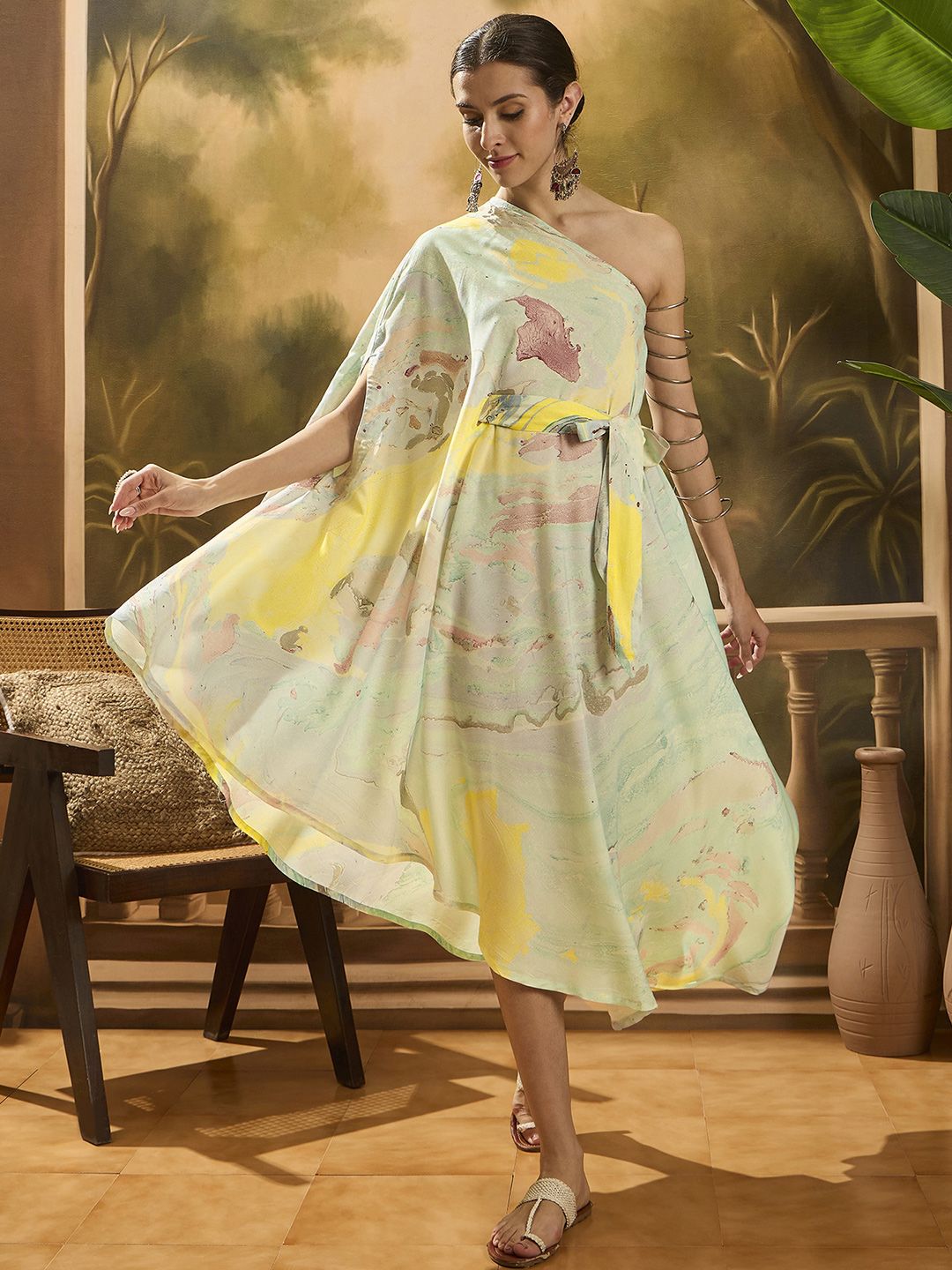 Sangria Women Marble Printed One-Shoulder Kaftan Dress