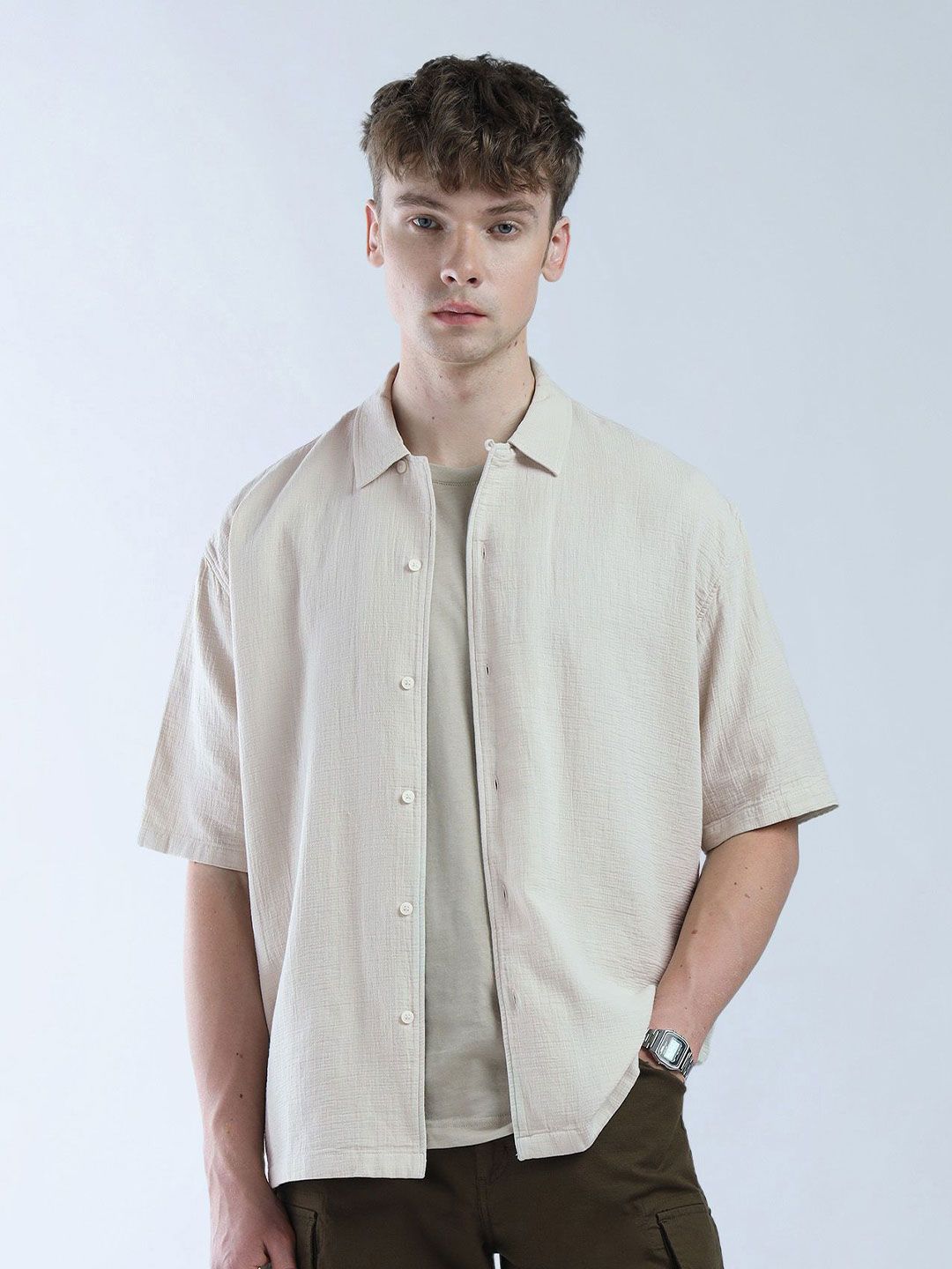 Flying Machine Men Relaxed Oversized Fit Spread Collar Solid Cotton Casual Shirt