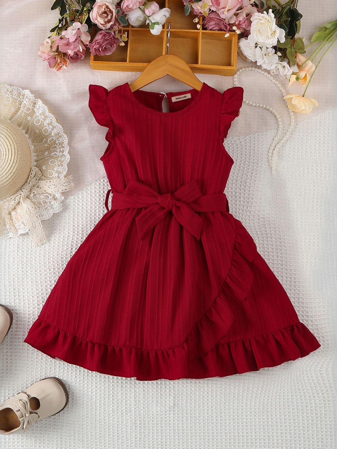 INCLUD Girl Round Neck Flutter Sleeves Above Knee Fit & Flare Dress