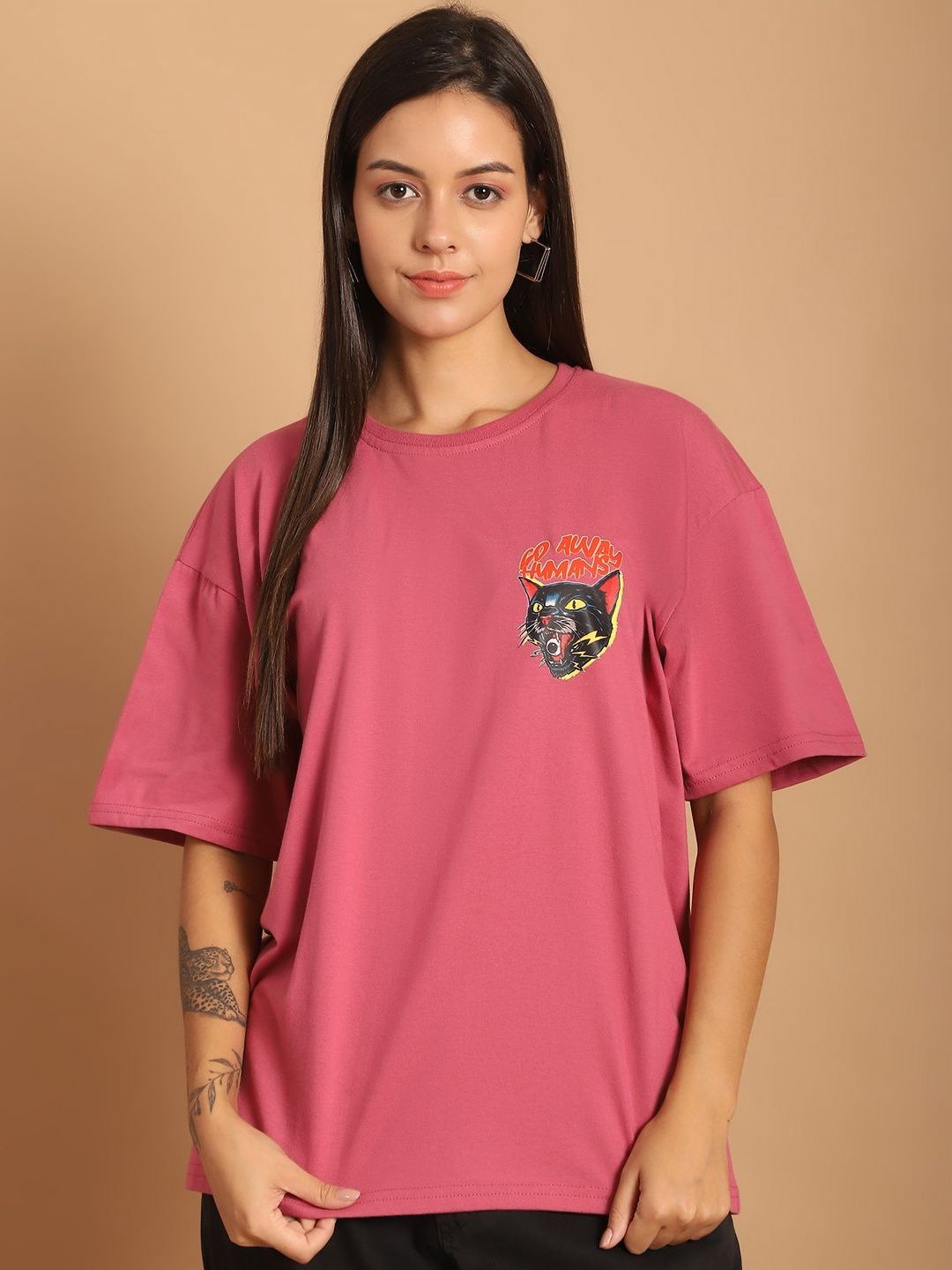 Metronaut Women Graphic Printed Round Neck Cotton Oversized T-shirt